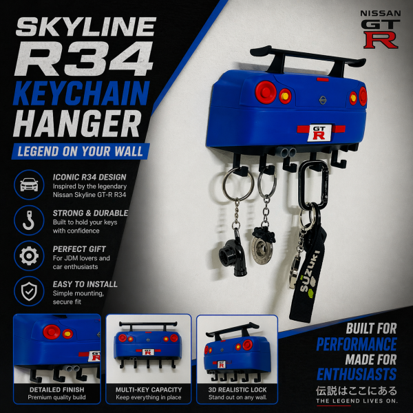 Nissan Skyline R34 GT-R Inspired Keychain Hanger | 3D Wall Mount | 5 Hooks Organizer