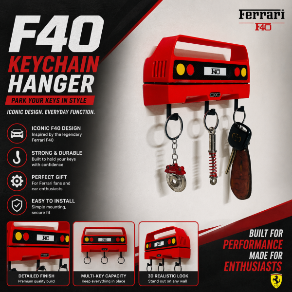Ferrari F40-inspired Keychain Hanger | 3D Wall Mount | 3 Hook Organizer