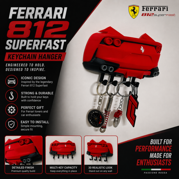 Ferrari 812 Superfast-Inspired keychain hanger | 3D Wall Mount | 4 Hook Organizer