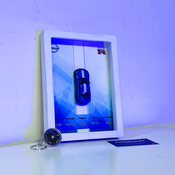 NISSAN GT-R R35 | PREMIUM 3D DIECAST SHADOW BOX FRAME | BLUE w/white stripes