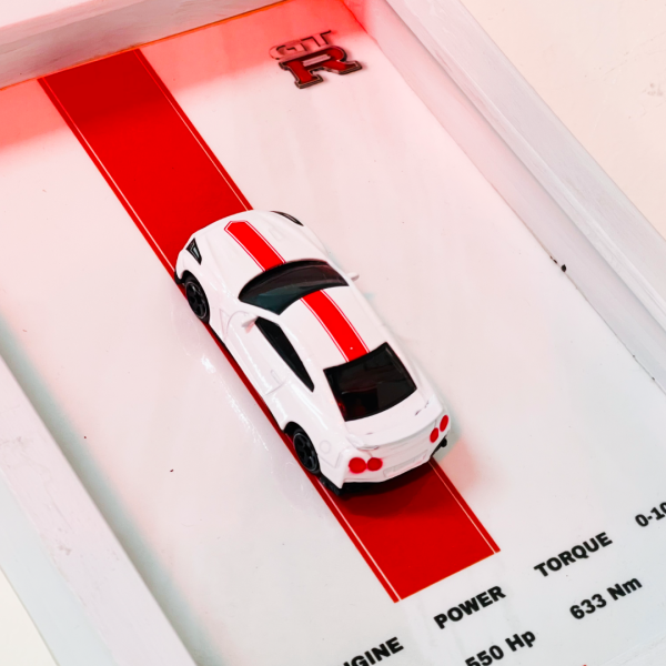 NISSAN GT-R R35 | PREMIUM 3D DIECAST SHADOW BOX FRAME | White w/red stripes